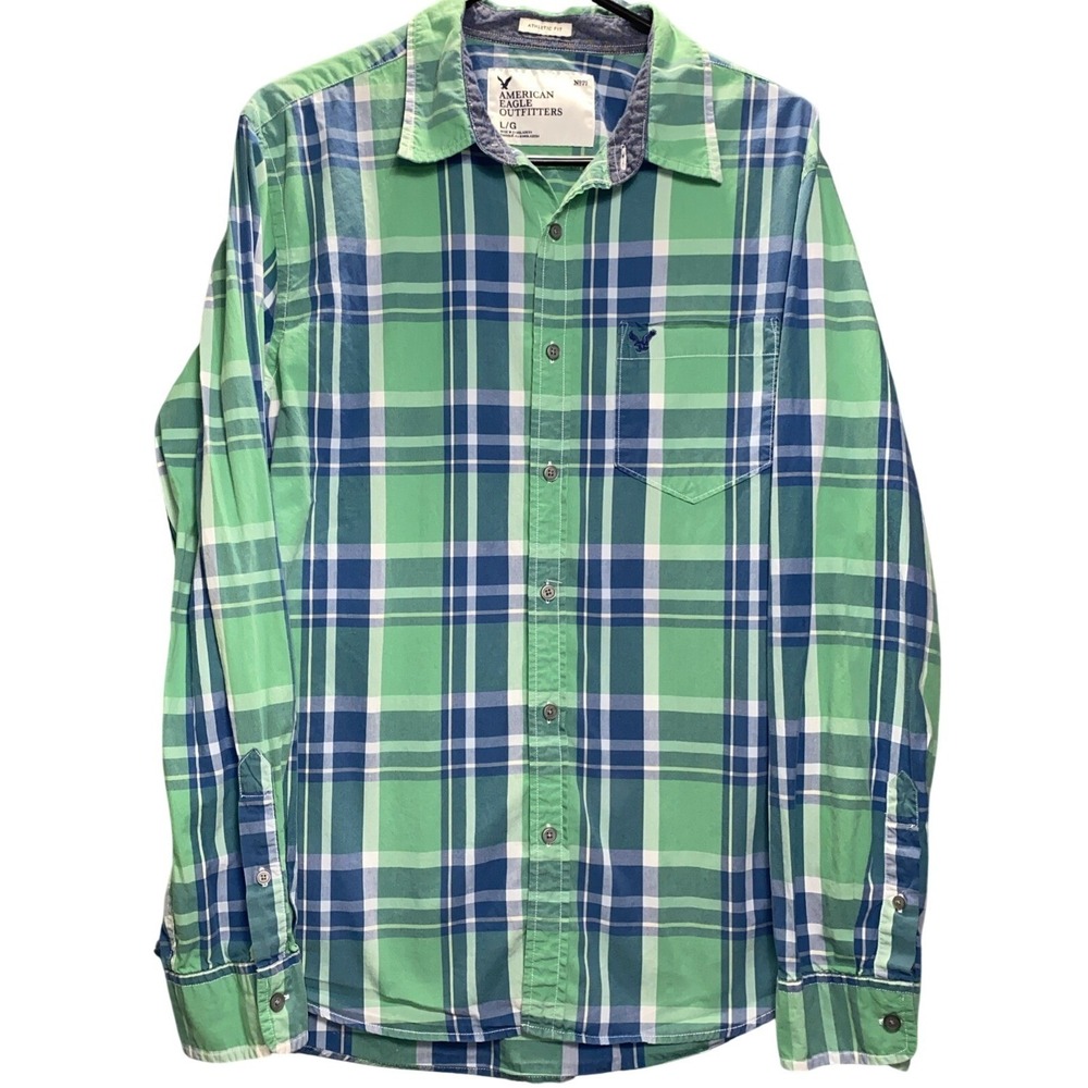 American Eagle Outfitters Mens‎ Large Green Blue Plaid Athletic Fit Cotton Shirt